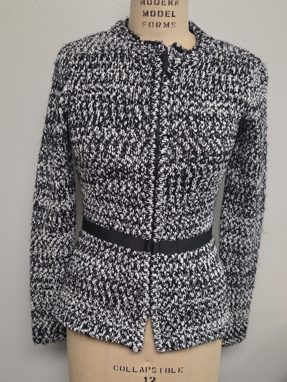 Narciso Rodriguez Black and White Tweed Zip-Front Jacket
